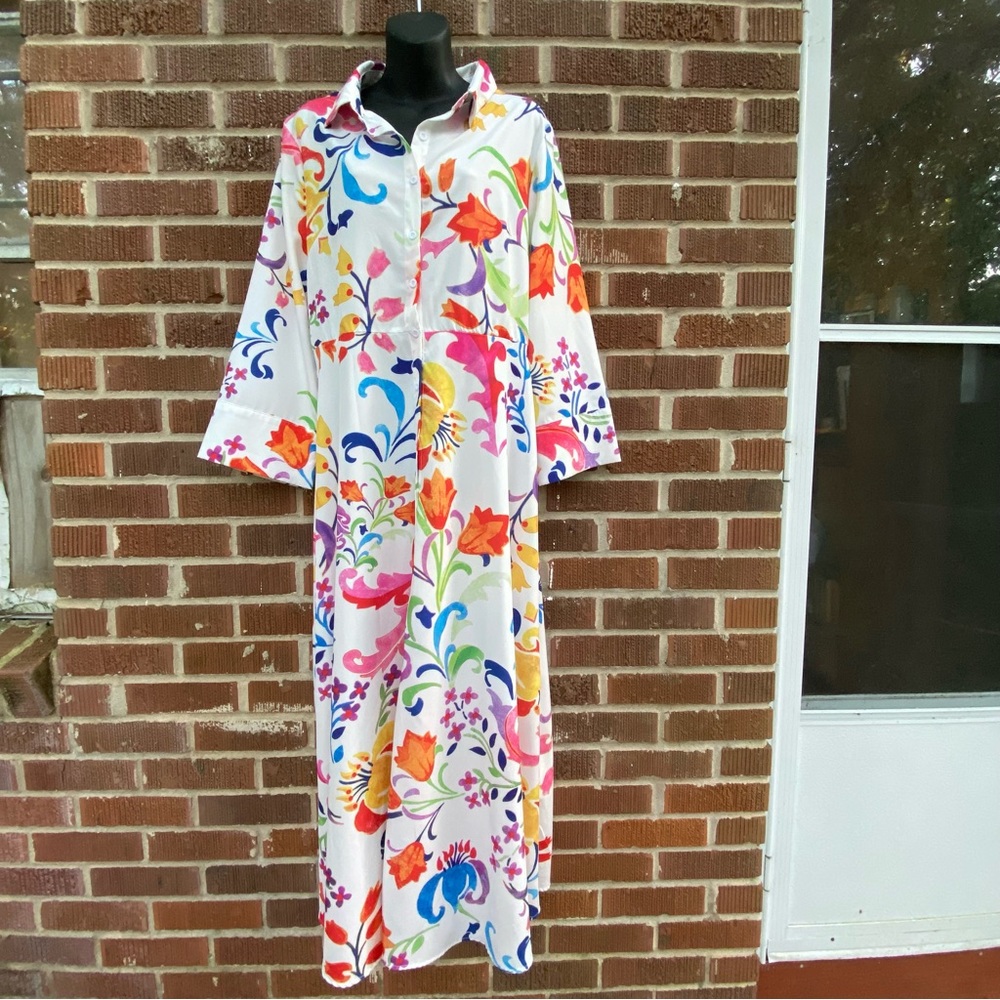 Floral Print Women Dress Turn-down Collar A-Line 3/4 Sleeve Midi Shirt D…